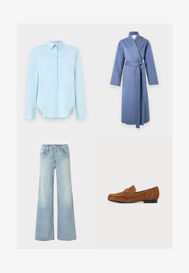 Abrigo largo de lana azul con gran cuello y cinturón de la misma tela, exhibido sobre fondo blanco.; Camisa de botón azul claro con mangas largas, cuello, dobladillo redondeado y cinco botones frontales; hecha de una tela suave y liviana.; RE/DONE MID RISE PALAZZO - Vaqueros boyfriend - blue denim; Mocasín de ante marrón con tacón bajo negro y detalle de herraje dorado en la correa, mostrado de lado sobre un fondo liso.
