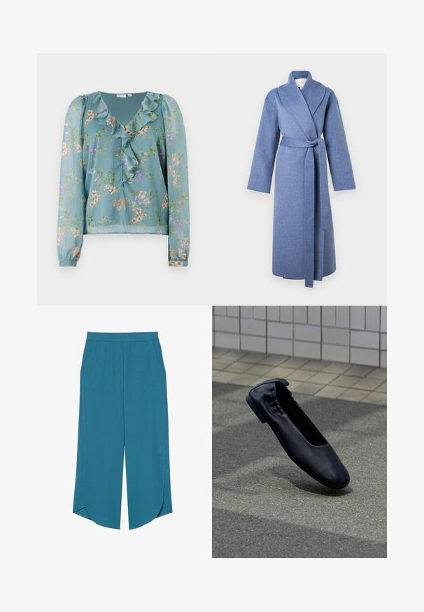 Abrigo largo de lana azul con gran cuello y cinturón de la misma tela, exhibido sobre fondo blanco.; Blusa floral en tela translúcida de un suave azul verde; presenta un escote con volantes, mangas largas y pequeños patrones de flores multicolores en toda la prenda.; Pantalones de pierna ancha en color turquesa, confeccionados en una tela suave, con una cintura cómoda, bolsillos laterales y aberturas en el dobladillo para facilitar el movimiento.; Bailarina plana de cuero negro con parte trasera elástica descansando sobre un pavimento exterior texturizado con pared de azulejos al fondo.