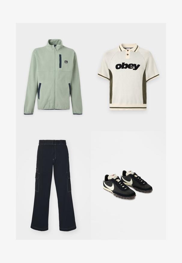 Veste polaire vert clair avec fermeture éclair frontale complète, col montant, deux poches latérales, une poche poitrine et des accents de bordure foncée.; Polo beige à manches courtes avec panneaux latéraux verts, col et poignets rayés, patte de boutonnage et logo "obey" noir sur le devant.; Pantalon cargo noir à jambes larges, doté de deux poches latérales, de coutures contrastantes et d'une taille standard. Matière en coton doux.; Chaussures de sport noires avec une tige texturée, logo swoosh blanc et semelle en caoutchouc dotée de petits crampons pour une meilleure traction. Col de couleur crème.