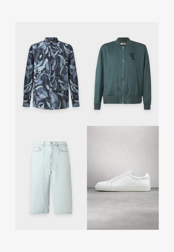 Veste bomber verte avec fermeture éclair à l'avant, poignets et ourlet côtelés, deux poches latérales et un logo brodé noir sur la poitrine gauche.; Chemise à manches longues en tissu doux, présentant une base bleu foncé avec des motifs abstraits de feuilles bleu clair, un devant à boutons et un col.; Shorts en denim bleu clair avec une coupe à jambe droite, taille mi-haute, poches avant et une poche arrière unique, finition avec des coutures discrètes.; Sneaker blanche avec une tige en cuir lisse et un profil bas. Présente un bout arrondi, six œillets et une semelle en caoutchouc texturé.
