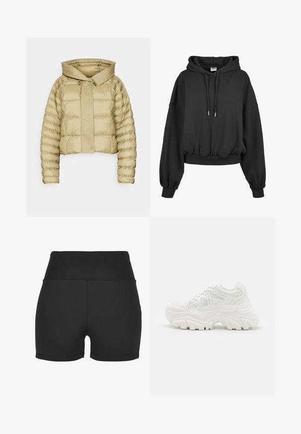 Gekürzte Daunenjacke in hellem Beige mit gestepptem Muster und weitem Kapuzenkragen. Verfügt über eine Knopfleiste vorne und elastische Ärmelbündchen.; Schwarzer Hoodie mit einer Kordelzugkapuze, lockerer Passform, weiten Ärmeln und geripptem Saum. Hergestellt aus einem weichen Stoff mit glatter Textur.; Schwarze, hoch taillierte Sportshorts aus glattem, dehnbarem Material. Mit glatten Nähten und einem figurbetonten Design, ideal für Sportbekleidung.; Weiße klobige Sneakers mit strukturiertem Obermaterial, Mesh-Einsätzen und dicken Gummisohlen mit markantem Profil. Inklusive Schnürsenkeln und Zuglasche.