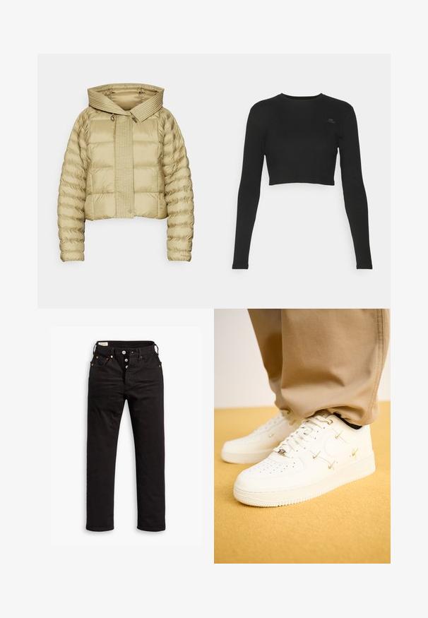 Korte pufferjas in lichtbeige met een gewatteerde structuur en een grote capuchon. Voorzien van knoopsluiting aan de voorkant en elastische manchetten.; Zwarte cropped longsleeve top van ribmateriaal, met een ronde halslijn en een klein merklabel op de borst.; Zwarte rechtlopende jeans met knoopsluiting, voor- en achterzakken, en koperen klinknagels op een witte achtergrond.; Witte leren sneakers met geperforeerde neus, gouden accenten en platte veters, gecombineerd met beige broek op een gestructureerde gele ondergrond.