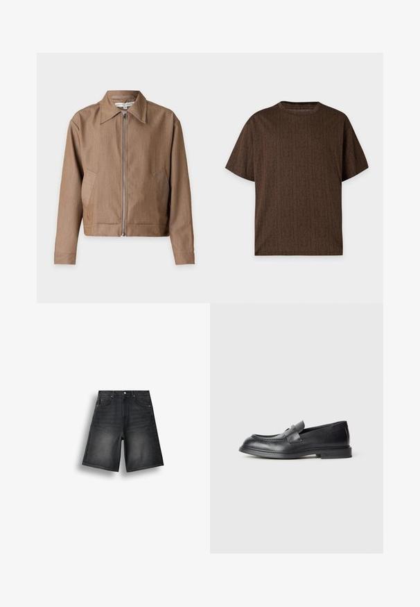 Veste marron zippée avec un col pointu, des manches longues et des poches latérales, présentée sur un fond clair uni.; T-shirt marron à manches courtes avec un motif monogramme subtil couvrant l'ensemble et un col rond, présenté sur un fond gris clair.; Short en denim noir avec cinq poches, fermeture à bouton et une texture légèrement délavée sur le devant des cuisses.; Mocassins en cuir noir avec une finition texturée, dotés d'une bride décorative à l'avant et d'un bout arrondi. Semelle en caoutchouc pour plus de durabilité.