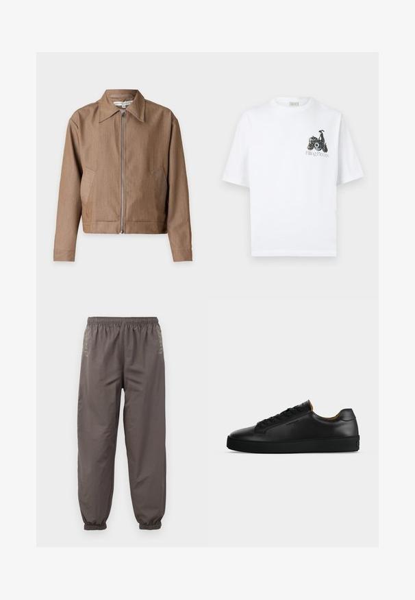 Veste marron zippée avec un col pointu, des manches longues et des poches latérales, présentée sur un fond clair uni.; T-shirt en coton blanc avec un imprimé graphique de divers fruits et le texte « Filling Pieces » sur la partie gauche de la poitrine. Manches courtes, coupe décontractée.; Pantalons gris foncé à taille élastique avec une coupe décontractée. Présentent des poignets froncés et une broderie subtile sur les côtés. Tissu léger.; Basket basse en cuir noir avec lacets noirs, semelle en caoutchouc texturée et petit logo embossé sur le côté, présenté de profil sur fond gris.
