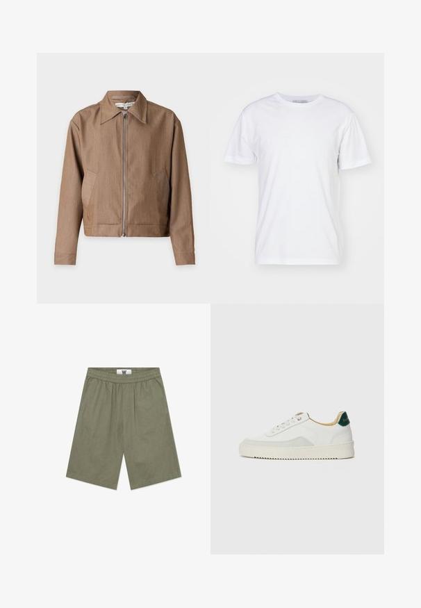 Veste marron zippée avec un col pointu, des manches longues et des poches latérales, présentée sur un fond clair uni.; T-shirt en coton blanc avec un col rond, des manches courtes et une coupe droite. Sans motifs ni embellissements, texture lisse et design sobre.; Shorts vert olive en tissu léger. Dotés d'une taille élastique et d'une coupe ample, avec une texture lisse et sans poches visibles.; Baskets blanches avec des accents en daim, bout arrondi, lacets plats et semelle en caoutchouc crème. Présente une marque verte sur le talon.