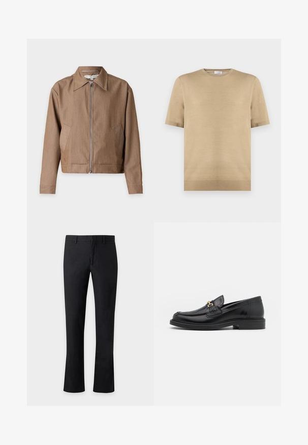 Veste marron zippée avec un col pointu, des manches longues et des poches latérales, présentée sur un fond clair uni.; Pull en maille beige à manches courtes avec encolure ronde et ourlet côtelé, posé à plat sur fond blanc.; Pantalon droit noir avec passants de ceinture et fermeture éclair à l'avant sur un fond clair uni.; Mocassins en cuir noir avec un embout rond, présentant des accents en métal doré et des détails de couture, montés sur une semelle en caoutchouc texturé et basse.
