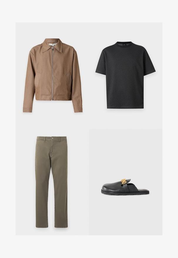Brun lynlåstrøje med spids krave, lange ærmer og sidelommer, vist på en enkel lys baggrund.; Sort t-shirt med korte ærmer og et subtilt mørkegråt geometrisk mønster samt rund halsudskæring på en ensfarvet lys baggrund.; Olivenfarvede bomuldsbukser med lige ben-design, forlommer, bæltestropper og metalknaplukning ved livet.; Sort slip-on læder mule med en guldfarvet dekorativ remdetalje og en lav, tekstureret gummisål på en neutral baggrund.