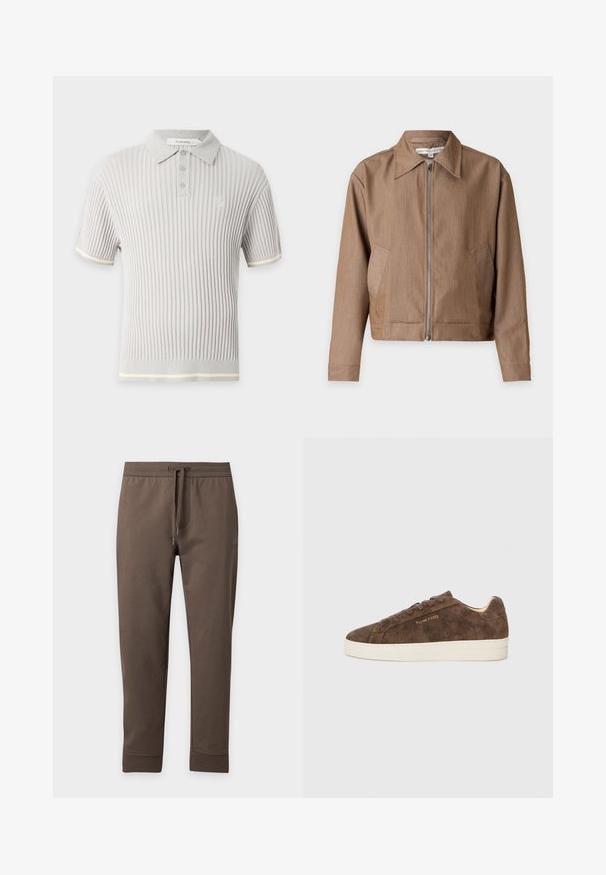 Veste marron zippée avec un col pointu, des manches longues et des poches latérales, présentée sur un fond clair uni.; Polo gris clair côtelé à manches courtes avec trois boutons, col texturé et logo discret sur la poitrine.; Pantalon de survêtement marron fuselé avec taille élastique et cordon, présenté à plat sur un fond clair.; Baskets en daim marron avec une silhouette basse, un bout arrondi et une semelle en caoutchouc blanc. Elles présentent des lacets foncés et un logo discret sur le côté.