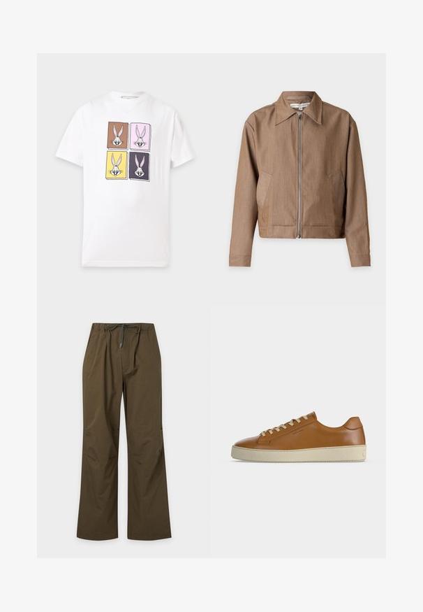 Veste marron zippée avec un col pointu, des manches longues et des poches latérales, présentée sur un fond clair uni.; T-shirt blanc à manches courtes avec quatre carrés colorés montrant chacun le visage de Bugs Bunny sur un fond marron, rose, jaune et bleu foncé.; Pantalon décontracté vert olive avec taille élastique et cordon de serrage à l'avant, coupe droite et coupe décontractée.; Baskets basses en cuir marron avec lacets crème et semelle épaisse en caoutchouc crème, vues de profil sur fond blanc.