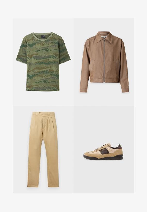 Braune Jacke mit Reißverschluss, spitzem Kragen, langen Ärmeln und Seitentaschen, vor einfachem hellem Hintergrund präsentiert.; Grünes Camouflage-T-Shirt aus Baumwolle. Kurze Ärmel, runder Halsausschnitt, mit einem geschichteten Bergmuster in verschiedenen Grüntönen und Brauntönen.; CLOSED BERGEN TAPERED - Chino - beige; Beige Wildleder-Sneaker mit einer strukturierten braunen Partie, kontrastierendem braunem Fersenbereich und mehrfarbigen Schnürsenkeln. Verfügt über eine schwarze Gummisohle und goldene Markenkennzeichnung.