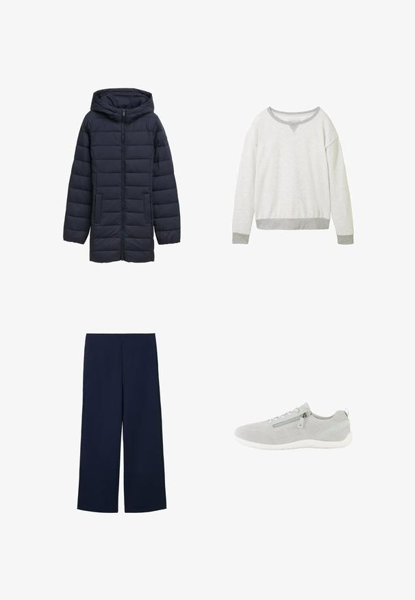 Navyblå polstret jakke med hætte, frontlynlås, to sidelommer og vandret quiltet design. Glat tekstur og minimal detaljering.; Lys grå pullover sweatshirt med rund halsudskæring, kontrasterende grå manchetter og en subtil v-formet detalje ved kraven. Blød tekstur.; Marineblå brede bukser lavet af letvægtigt stof, med et rent design og lige snit, forsynet med sidelommer og uden synlige lukninger.; Lysegrå mesh-sneaker med sidelås, snørelukning, hvid sål og trækstrop ved hælen, vist i venstre profil.