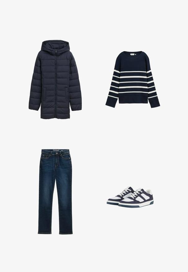 Dunkelblau gesteppte Jacke mit Kapuze, Frontreißverschluss, zwei seitlichen Taschen und horizontalem Steppmuster. Glatte Textur und minimale Details.; Dunkelblauer Pullover mit weißen horizontalen Streifen. Rippstruktur, runder Ausschnitt und lange Ärmel mit leicht ausgestellt Bündchen.; Dunkelblaue gerade Jeans aus Denim, mit fünf Taschen, Metallknopfverschluss und Kontrastnähten. Keine sichtbaren Abnutzungen.; Marineblaue und weiße Canvas-Sneaker mit niedrigem Design, ausgestattet mit Schnürungen, Gummisohlen und kontrastierenden gestreiften Akzenten.