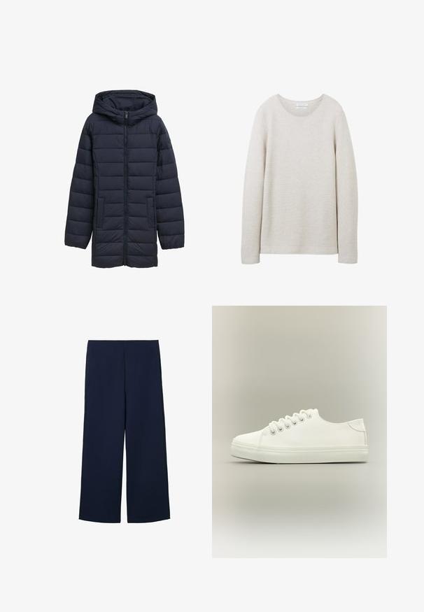 Navyblå polstret jakke med hætte, frontlynlås, to sidelommer og vandret quiltet design. Glat tekstur og minimal detaljering.; Lys beige langærmet sweater med rund halsudskæring, tekstureret ribbet design og lige kant. Blødt stof med subtile striber.; Marineblå brede bukser lavet af letvægtigt stof, med et rent design og lige snit, forsynet med sidelommer og uden synlige lukninger.; Hvid lavtop sneaker med hvide snørebånd og gummisål vist fra siden på en neutral baggrund.