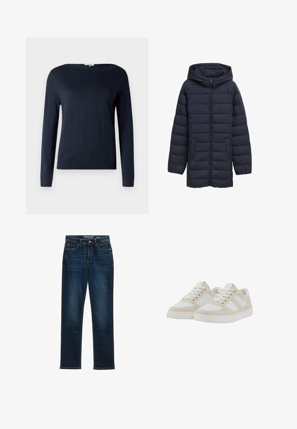 Navyblå polstret jakke med hætte, frontlynlås, to sidelommer og vandret quiltet design. Glat tekstur og minimal detaljering.; Navyblå langærmet sweater med rund hals og ribbede manchetter og kant, vist mod en simpel hvid baggrund.; Mørkeblå lige ben jeans lavet af denim, med fem lommer, metalknaplukning og kontraststikning. Ingen synlige slidmærker.; Beige og hvide sneakers med en struktureret overdel, snørelukning og polstret krave. Har tre hvide sidestropper og en gummisål.