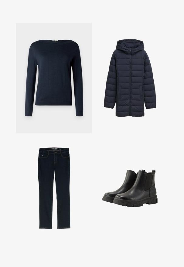 Veste matelassée bleu marine avec capuche, fermeture éclair devant, deux poches latérales et design matelassé horizontal. Texture lisse et détails minimaux.; Pull en tricot bleu marine à manches longues et col rond, avec des poignets et un ourlet côtelés, présenté sur un fond blanc uni.; Jean droit bleu foncé en denim. Comprend cinq poches, des coutures orange contrastantes et une étiquette à la taille avec le nom de la marque.; TOM TAILOR Boots à talons - black