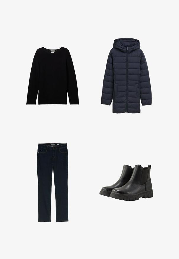 Navyblå polstret jakke med hætte, frontlynlås, to sidelommer og vandret quiltet design. Glat tekstur og minimal detaljering.; Sort langærmet sweater lavet af ribbet stof med rund halsudskæring og sænkede skuldre, der har en afslappet pasform og ingen synlige detaljer.; Mørkeblå lige ben jeans lavet af denim. Har fem lommer, kontrastfarvet orange syning og en linning med mærkets navn.; TOM TAILOR Ankelstøvler - black
