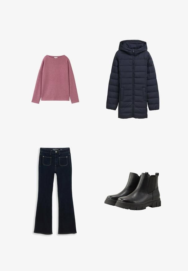 Navyblå polstret jakke med hætte, frontlynlås, to sidelommer og vandret quiltet design. Glat tekstur og minimal detaljering.; Langærmet, løstsiddende sweater i et blødt pink strikmateriale. Rund halsudskæring og sænkede skuldre med en struktureret overflade.; Mørkeblå denim flare-jeans med forlommer, knaplukning og kontrastsyninger, lagt fladt på en hvid baggrund.; TOM TAILOR Ankelstøvler - black