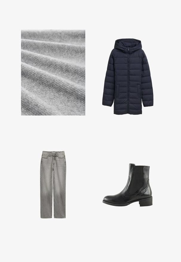 Veste matelassée bleu marine avec capuche, fermeture éclair devant, deux poches latérales et design matelassé horizontal. Texture lisse et détails minimaux.; Tissu gris clair à texture fine, présentant des plis doux et un motif légèrement chiné, illustrant une apparence chaleureuse et confortable.; Jeans en denim gris à jambes droites avec poches avant et poche à monnaie, fermeture à bouton et à glissière, présentés sur fond blanc.; Bottine en cuir noir avec des panneaux élastiques sur les côtés, des coutures courbées et un petit talon bloc. Texture lisse, design classique.