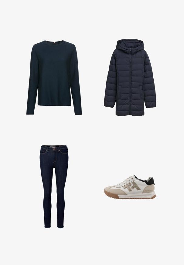 Navyblå polstret jakke med hætte, frontlynlås, to sidelommer og vandret quiltet design. Glat tekstur og minimal detaljering.; Marineblå langærmet sweater lavet af ribbet materiale. Har rund halsudskæring og en lige skæring i sømmen. Blød tekstur.; Mørk denim skinny jeans med høj talje, ravnet kant og orange syninger. Har en frontlynlås, knaplukning og fem lommer.; Hvid og beige sneaker med overdel i ruskind og læder, tekstureret gummisål og sort hælkappe. Har en fremtrædende logo på siden.