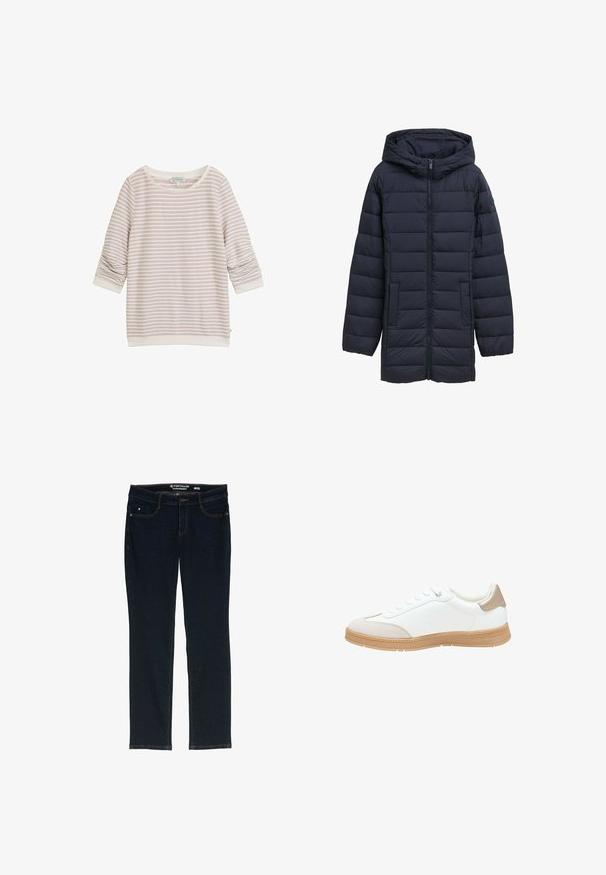 Navyblå polstret jakke med hætte, frontlynlås, to sidelommer og vandret quiltet design. Glat tekstur og minimal detaljering.; Lyserød stribet sweatshirt med trekvartærmer, rund halsudskæring og ribbede manchetter. Fremstillet af blødt stof med subtil tekstur.; Mørkeblå lige ben jeans lavet af denim. Har fem lommer, kontrastfarvet orange syning og en linning med mærkets navn.; Hvide sneakers med en glat læderoverdel, beige ruskind tåhætte og en struktureret tan gummisål. Har fem huller til snørebånd og en polstret hæl.