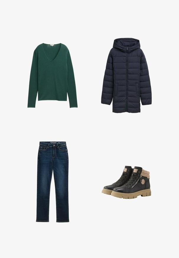 Navyblå polstret jakke med hætte, frontlynlås, to sidelommer og vandret quiltet design. Glat tekstur og minimal detaljering.; Grøn, langærmet sweater med en dyb V-udskæring, lavet af blødt stof. Har en afslappet pasform og en subtil, glat tekstur.; Mørkeblå lige ben jeans lavet af denim, med fem lommer, metalknaplukning og kontraststikning. Ingen synlige slidmærker.; TOM TAILOR LICENCE - Vinterstøvler - black