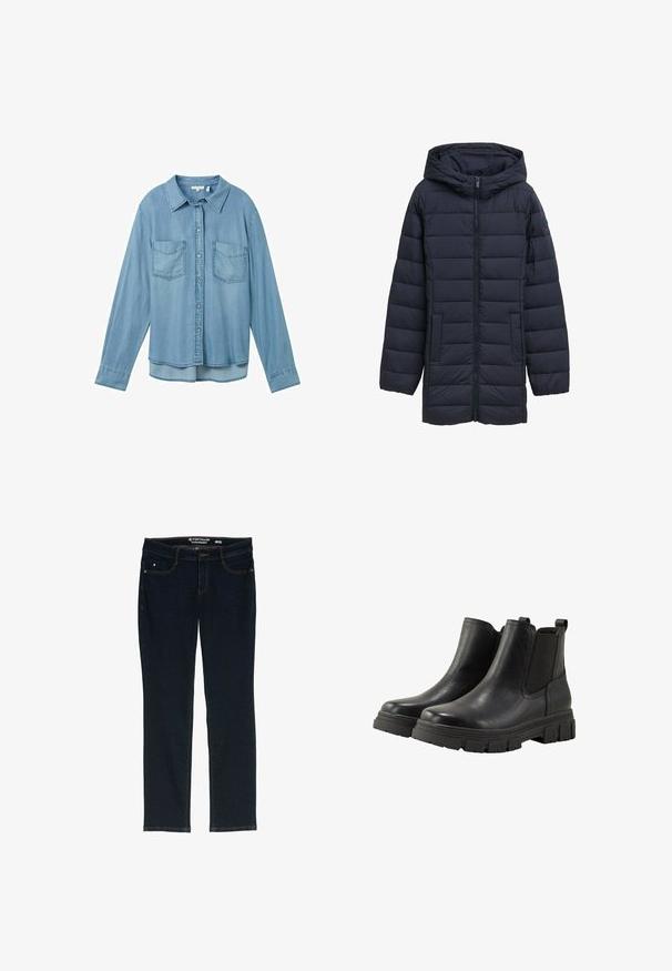 Navyblå polstret jakke med hætte, frontlynlås, to sidelommer og vandret quiltet design. Glat tekstur og minimal detaljering.; Lysblå denimskjorte med lange ærmer, knaplukning og to forlommer. Har en klassisk krave og en let buet kant.; Mørkeblå lige ben jeans lavet af denim. Har fem lommer, kontrastfarvet orange syning og en linning med mærkets navn.; TOM TAILOR Ankelstøvler - black