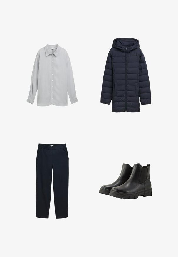 Navyblå polstret jakke med hætte, frontlynlås, to sidelommer og vandret quiltet design. Glat tekstur og minimal detaljering.; Grå langærmet skjorte med knaplukning og krave, lavet af letvægtsstof og med en subtil tekstur samt hvide knapper.; Mørkeblå bukser med brede ben lavet af tekstureret stof. Har en elastisk talje og sidelommer. Lige snit.; TOM TAILOR Ankelstøvler - black