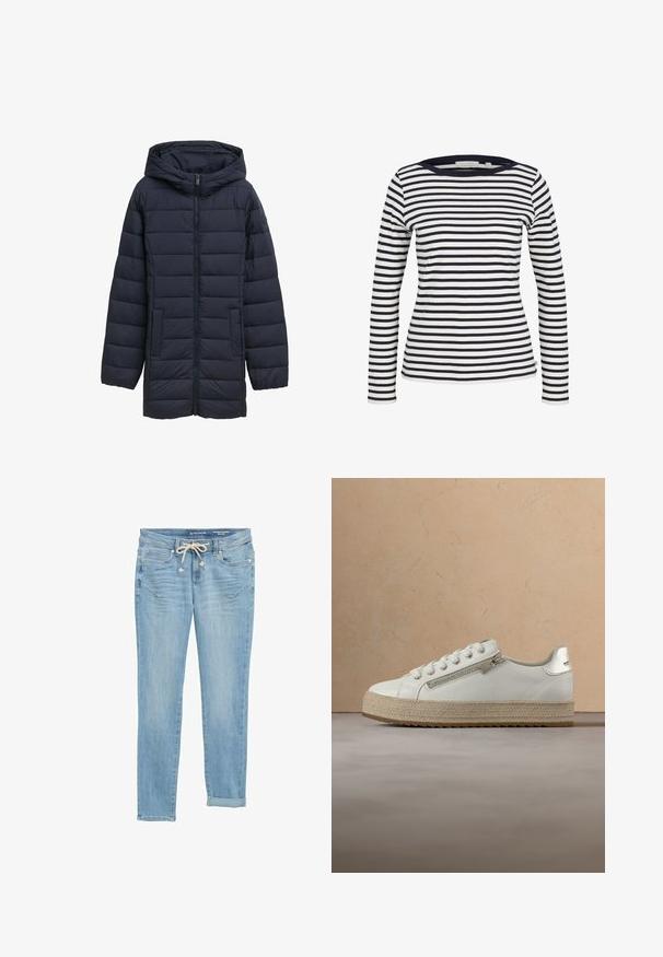 Navyblå polstret jakke med hætte, frontlynlås, to sidelommer og vandret quiltet design. Glat tekstur og minimal detaljering.; TOM TAILOR DENIM Langærmet T-shirt - navy/white; Lys blå denim jeans med lige pasform, elastisk snøre i taljen, opretstående nederste kant og forlommer. Designet med diskret slid.; Hvid lædersneaker med beige tekstureret sål, med lynlås i siden og snørebånd, hængende over et neutralt gulv og et bord i træ.