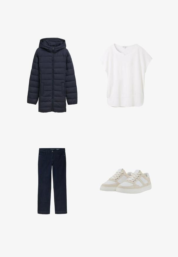 Navyblå polstret jakke med hætte, frontlynlås, to sidelommer og vandret quiltet design. Glat tekstur og minimal detaljering.; Hvid kortærmet bluse lavet af blødt stof. Har en rund halsudskæring med en lille indsats og en let buet kant for en afslappet pasform.; Mørkeblå denimjeans med lige ben-design, der har forlommer og kontrasterende gule syninger langs sømmene.; Beige og hvide sneakers med en struktureret overdel, snørelukning og polstret krave. Har tre hvide sidestropper og en gummisål.