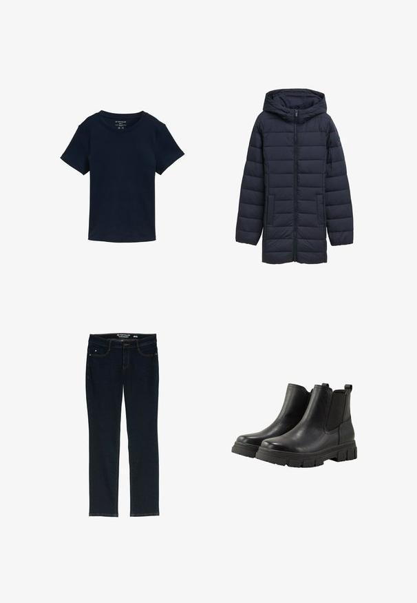 Marineblauwe gewatteerde jas met capuchon, voorrits, twee zijzakken en een horizontaal gestikt ontwerp. Glad textuur en minimale detaillering.; Marineblauwe T-shirt met korte mouwen van katoen, met een ronde halslijn en een eenvoudig, onopgesmukt ontwerp met een normale pasvorm.; Donkerblauwe rechte jeans van denim. Heeft vijf zakken, contrasterend oranje stiksels en een label op de tailleband met de merknaam.; TOM TAILOR Enkelkaarsjes - black