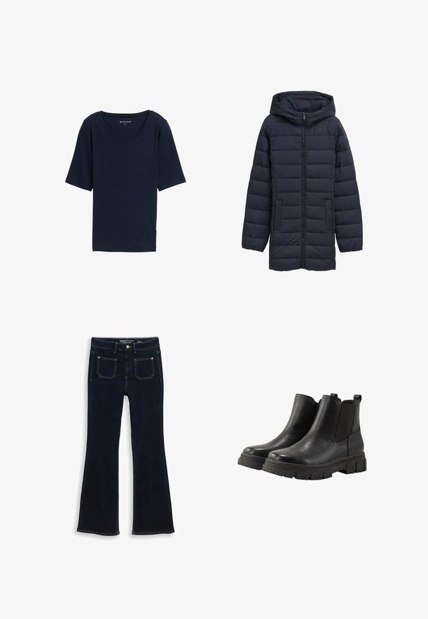 Veste matelassée bleu marine avec capuche, fermeture éclair devant, deux poches latérales et design matelassé horizontal. Texture lisse et détails minimaux.; T-shirt bleu marine avec un col rond, des manches courtes et une texture douce. Fabriqué à partir d'un matériau léger, il présente une coupe décontractée.; Jeans évasés en denim bleu foncé avec poches avant, fermeture par bouton et coutures contrastantes, disposés à plat sur un fond blanc.; TOM TAILOR Boots à talons - black