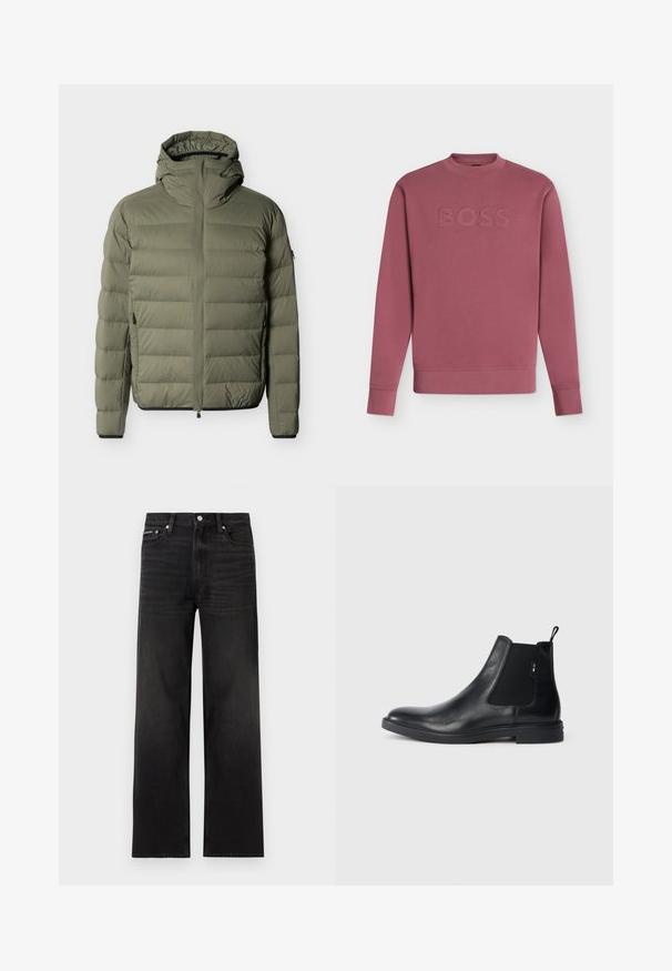 Veste matelassée vert olive avec col montant, capuche, fermeture éclair intégrale à l'avant et piqûres horizontales sur les manches et le corps.; Sweat-shirt mauve à manches longues avec col rond, poignets et ourlet côtelés, avec lettrage en relief "BOSS" sur la poitrine.; Jean noir droit avec cinq poches, passants pour ceinture et fermeture par bouton, présenté sur un fond blanc.; Bottines Chelsea en cuir noir avec des panneaux élastiques sur les côtés, une languette arrière et une semelle en caoutchouc plate. Texture lisse avec un minimum de détails.