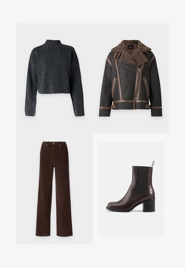 Grå overtøjsjakke med en brun shearling-krave, læderdetaljer, lynlåslukning og sidelommer med lynlås. Struktureret design med paneldetaljer.; Afskåret, mørkegrå sweater med høj hals og lange ærmer. Fremstillet af tekstureret strikket stof med diskrete mønstre gennem hele. ; Vero Moda VMTESSA WIDE PANTS - Bukser - chocolate torte; Brune læder ankelstøvler med elastiske sidepaneler, rund tå og blokhæl. Glat tekstur og diskret syning.