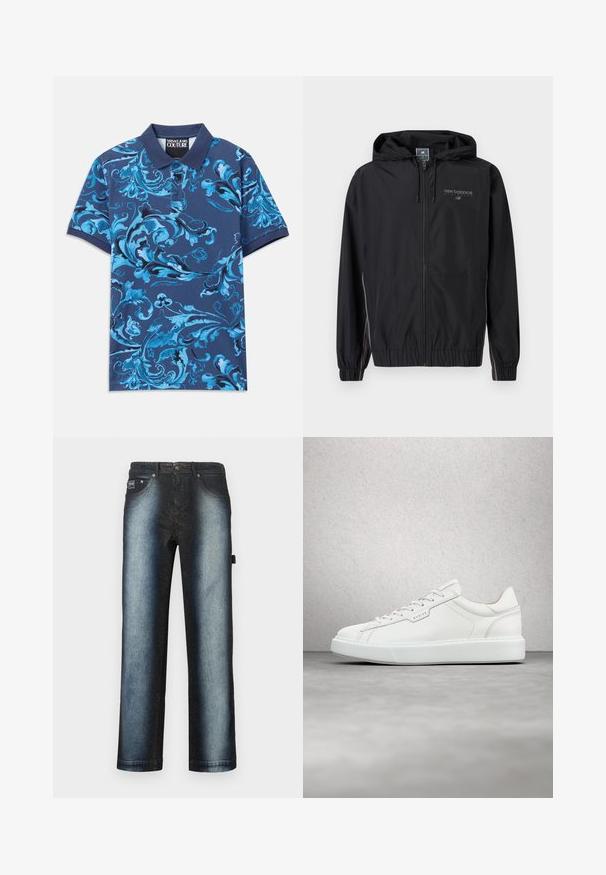 Čierna mikina New Balance s kapucňou a zipsom, elastickými manžetami a reflexným logom na hrudi, navrhnutá pre atletiku a odolnosť voči vode.; Námornícka polokošeľa s modrým kvetinovým vírením, krátkymi rukávmi a golierom na gombíky. Vyrobená z bavlnenej látky, hladká textúra.; Tmavomodré džínsy s ombré dizajnom, prechádzajúce z tmavej čiernej do svetlejšej modrej, so štandardným päťvreckovým strihom a svetlou umývanou textúrou.; Biele kožené tenisky s guľatou špičkou, plochým šnurovaním a šedou gumovou podrážkou. Disponujú jemným prešívaním a akcentom loga.