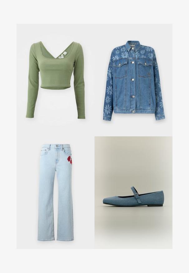 Blå denimjakke med knaplukning, brystlommer med klap og lyse blomsterprint på øvre bryst og ærmer.; Khaki grøn, langærmet cropped top med ribbet tekstur og bred udskæring. Mærker synlige ved kraven.; Lyseblå vidde jeans med høj talje og rødt rosebroderi på højre hofte lommeområde.; Blå stofballetsko med en tynd justerbar rem og lille sølvspænde, flad sål og rundet tå, vist på neutral baggrund.