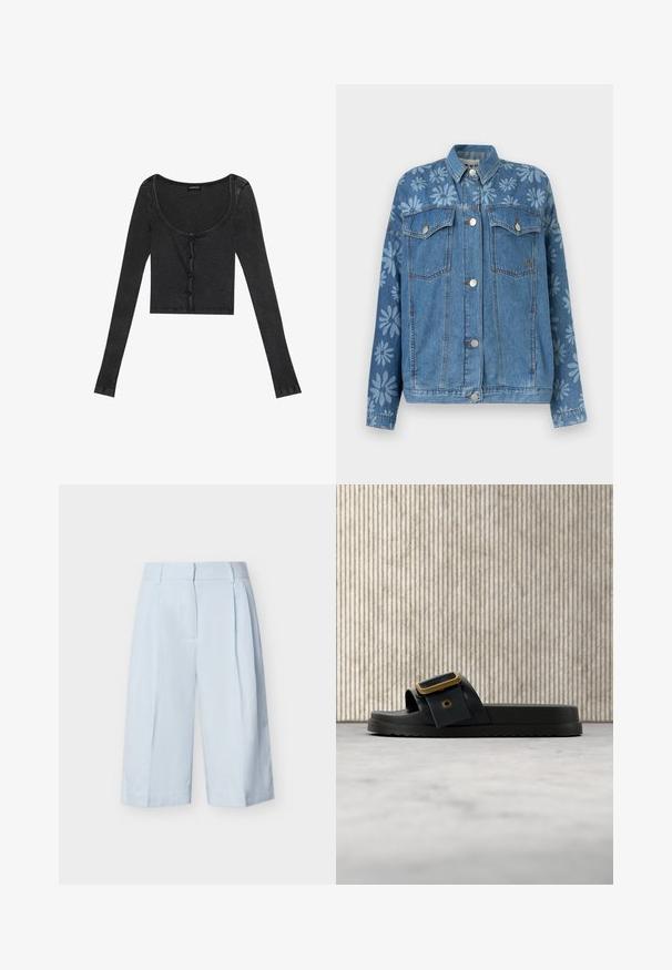 Blauwe spijkerjacket met knoopsluiting, klepzakken op de borst en lichte bloemenprints op de bovenborst en mouwen.; Zwarte geribbelde lange mouwen cropped top met een ronde halslijn, een bevestiging met knopen aan de voorkant en een gestructureerde stof. Bevat subtiele verticale strepen.; Lichtblauwe, hooggetailleerde, wijde cropped broek met riemlussen en voorplooien, afgebeeld op een effen witte achtergrond.; Zwarte slidesandaal met een gestructureerde zool en brede band met een grote gouden gesp, rustend op houten tegels buiten.