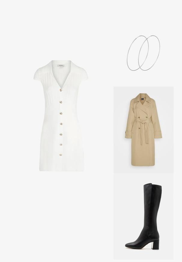 GAP ICON - Trenchcoat - khaki; Witte korte jurk met een kraag, met een verticale ribbelstructuur, korte mouwen en een gouden knoopsluiting aan de voorkant. Gladde stofafwerking.; Zwarte leren laars tot de knie met een spitse neus, blokhak en slank silhouet. Heeft minimale stiksels en een gladde textuur.; Zilveren hoepel oorbellen met een minimalistisch ontwerp. Cirkelvormig, gladde textuur en dun profiel. Lichtgewicht met een gepolijste afwerking.