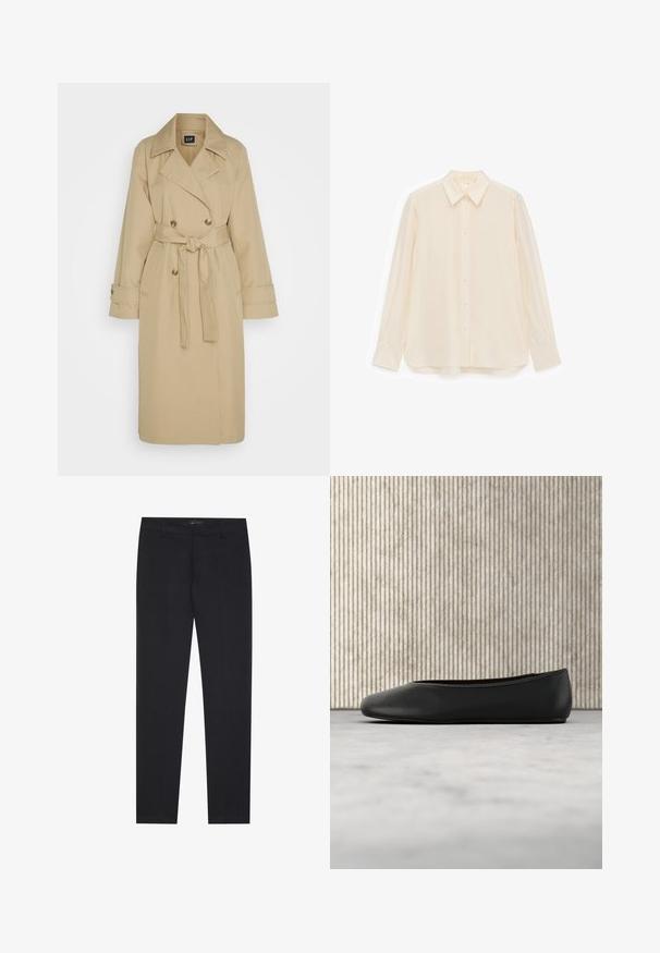 GAP ICON - Trenchcoat - khaki; Roomkleurig overhemd met knopen, gemaakt van een gladde stof, met een kraag, lange mouwen en een licht gebogen zoom.; Zwarte slim-fit formele broeken met riemlussen en voorzakken, ontworpen voor een op maat gemaakte, professionele uitstraling.; Zwarte leren balletflat met een afgeronde neus, een gladde textuur en een gouden logoaccent aan de zijkant. Geplaatst boven een reflecterend oppervlak.