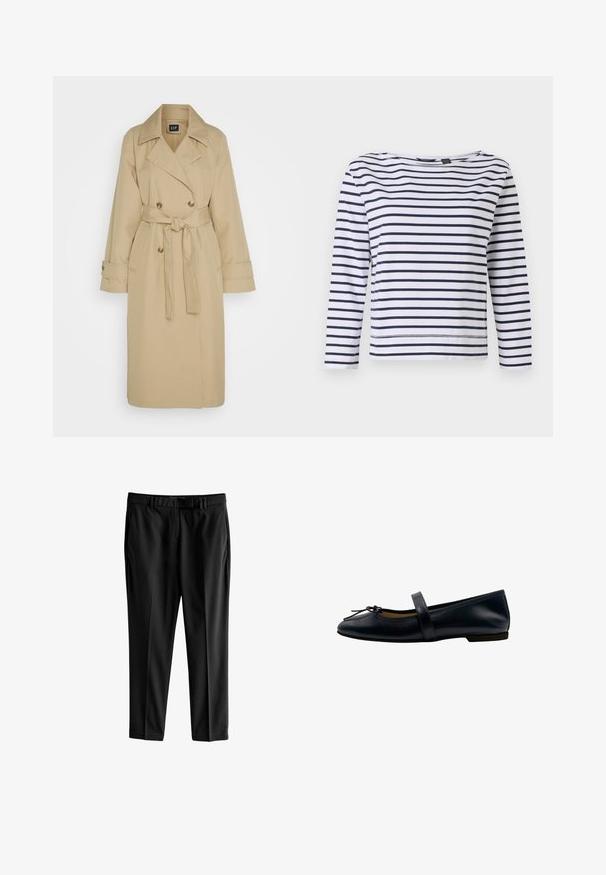 GAP ICON - Trenchcoat - khaki; Gestreepte lange mouwen top in wit en marineblauw, met een bootnek en een ontspannen pasvorm. Gemaakt van zacht katoen met gestikte zomen.; Next TAILORED SLIM - Chino - black; Flat ballerina schoen in marineblauwe leer, met een klein strikdetail, een lichte hak en een band over de wreef voor een veilige pasvorm.