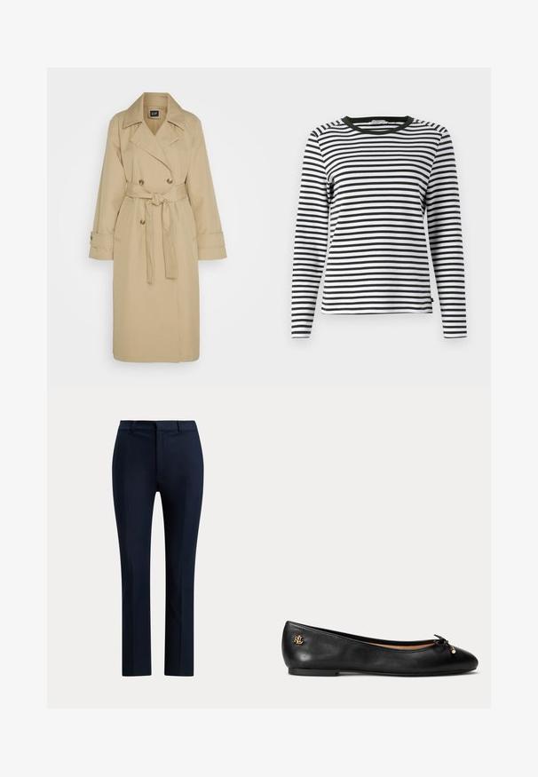 GAP ICON - Καμπαρντίνα - khaki; Μακρυμάνικο μπλούζα σε μαύρες και λευκές ρίγες, με στρογγυλή πράσινη λαιμόκοψη. Μαλακό ύφασμα με κανονική εφαρμογή και ίσια τελειώματα.; Ραμμένο σκούρο μπλε παντελόνι με ίσιο κομμένο πόδι, λουριά για ζώνη και φερμουάρ μπροστά.; Μαύρη δερμάτινη μπαλαρίνα με μικρό φιόγκο και χρυσή λεπτομέρεια λογότυπου στη φτέρνα, επίπεδη σόλα και στρογγυλεμένη μύτη.