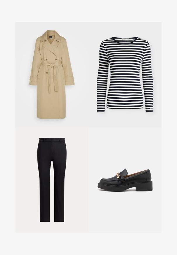 GAP ICON - Trench - khaki; Chemise à manches longues avec des rayures horizontales bleu marine et blanches et un col rond, brandée GANT sur le bord de la manche.; Pantalon noir à jambes droites avec passants de ceinture et coupe slim, présenté sur un fond clair uni.; Mocassin en cuir noir avec une semelle plateforme épaisse, orné d'une chaîne métal doré et présentant des détails de couture visibles. Texture lisse et design élégant.