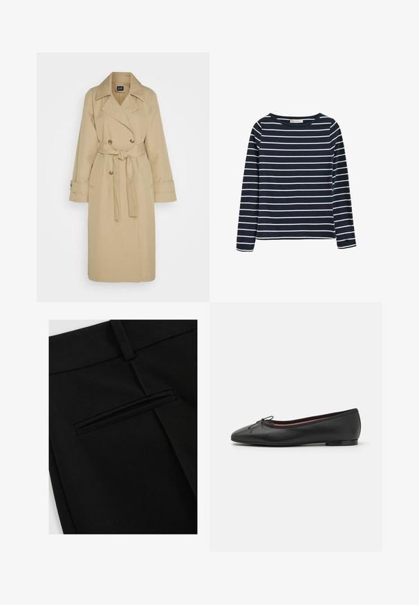 GAP ICON - Trench - khaki; Chemise à manches longues bleu marine avec des rayures blanches horizontales, col rond et petite étiquette logo sur le poignet de la manche gauche.; Pantalon noir en tissu lisse, avec une coupe à plat à l'avant et une poche arrière unique avec une ouverture fendue.; Ballerines en cuir noir avec un bout arrondi, détail de nœud à l'avant et un talon bas et plat. Texture lisse et design épuré.