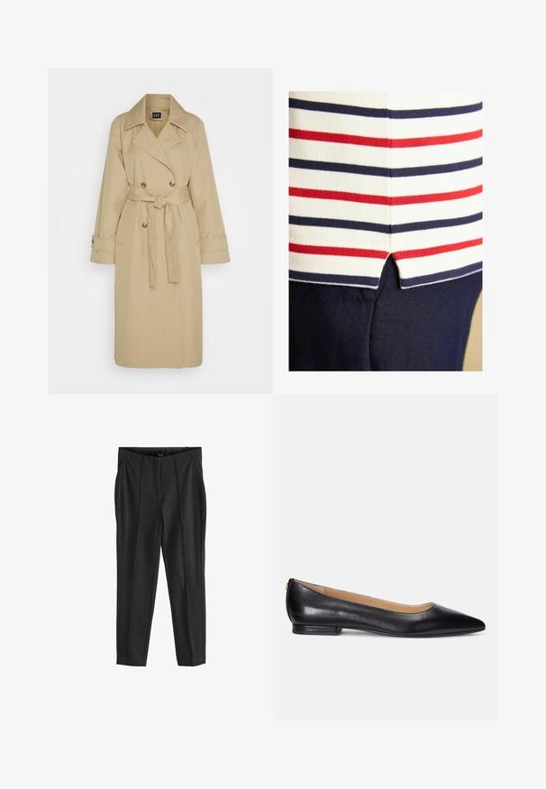 GAP ICON - Gabardina - khaki; Primer plano de una tela blanca con rayas horizontales rojas y azul marino que se encuentran con una tela azul marino en una pequeña abertura lateral.; Pantalones negros con una textura suave, que presentan bolsillos con cremallera en la parte delantera y pliegues distintivos. Diseño minimalista con un ajuste a medida.; Bailarinas de cuero negro con punta afilada, tacón bajo y un acento dorado en el tacón. Textura suave con una silueta clásica.