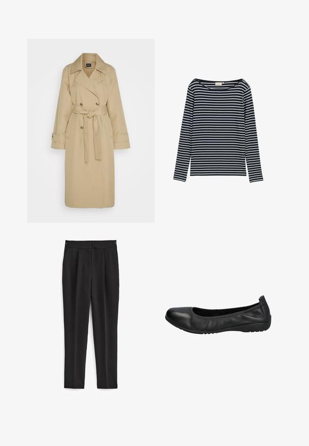 GAP ICON - Trenchcoat - khaki; Navy und weiße gestreifte Langarmbluse mit weitem Ausschnitt, aus einem weichen Material gefertigt, mit gleichmäßig verteilten horizontalen Streifen.; Schwarze Hosen mit maßgeschneidertem Schnitt, mit flachem Front, zwei seitlichen Taschen und einem sauberen, nahtlosen Design. Hergestellt aus einem glatten, atmungsaktiven Stoff.; Schwarze Leder-Ballettschuhe mit einer runden Spitze, glatter Textur und einem leicht elastischen Rand für zusätzlichen Komfort. Gummisohle für besseren Halt.