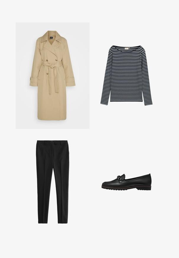 GAP ICON - Gabardina - khaki; Camisa de manga larga a rayas en azul marino y blanco con un escote ancho, hecha de un material suave, que presenta rayas horizontales de igual tamaño.; Pantalones negros de tejido suave, con un corte entallado, pliegues frontales y pasadores para cinturón, además de bolsillos laterales y traseros.; Mocasines de cuero negro con un acento trenzado en la parte delantera, suela de goma plana y detalles de costura a lo largo del borde.