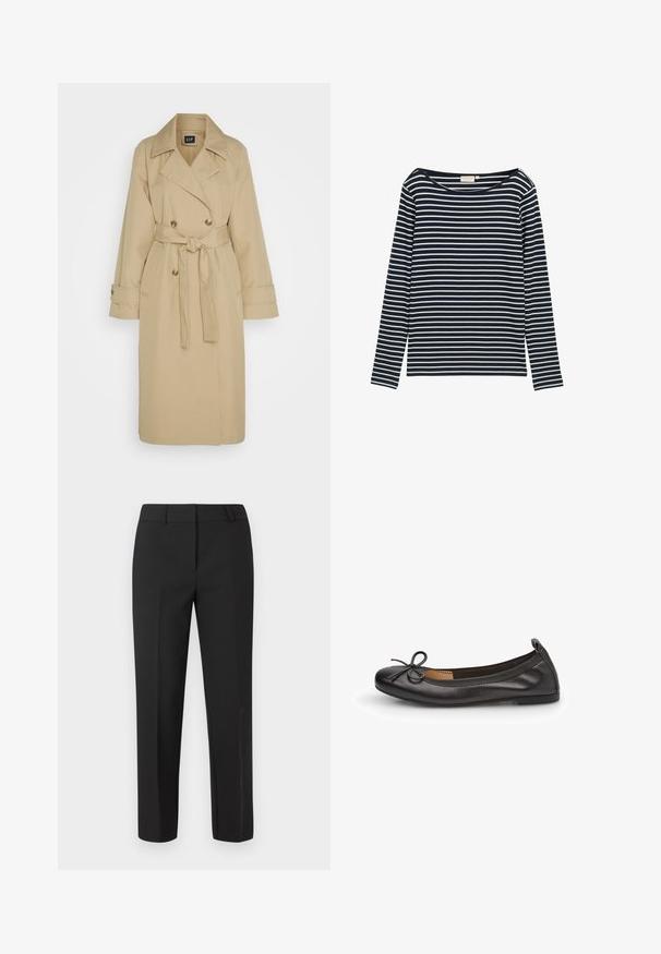 GAP ICON - Trenchcoat - khaki; Navy und weiße gestreifte Langarmbluse mit weitem Ausschnitt, aus einem weichen Material gefertigt, mit gleichmäßig verteilten horizontalen Streifen.; Schwarze, maßgeschneiderte Hosen mit geradem Bein, flacher Vorderseite und ohne sichtbare Verzierungen. Hergestellt aus einem glatten Stoff mit einem klaren Finish.; Schwarze Leder-Ballettschuhe mit runder Zehenform, schmalem Schleifendetail an der Vorderseite und elastischem Rand für einen sicheren Sitz. Flache Sohle für besonderen Komfort.