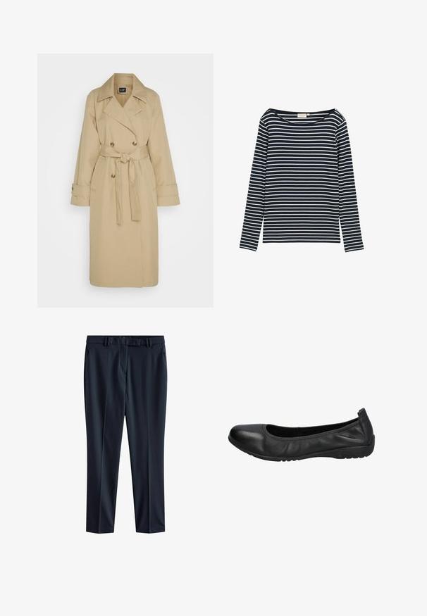 GAP ICON - Trenchcoat - khaki; Navy und weiße gestreifte Langarmbluse mit weitem Ausschnitt, aus einem weichen Material gefertigt, mit gleichmäßig verteilten horizontalen Streifen.; Marineblaue Hose aus glattem Stoff mit geradem Schnitt, mit einem Bund mit Gürtelschlaufen und Seitentaschen.; Schwarze Leder-Ballettschuhe mit einer runden Spitze, glatter Textur und einem leicht elastischen Rand für zusätzlichen Komfort. Gummisohle für besseren Halt.