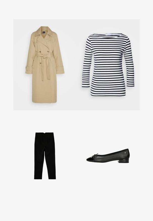 GAP ICON - Trenchcoat - khaki; Langarmshirt mit navy- und weißen Streifen, weitem Ausschnitt und weichem, dehnbarem Stoff. Verfügt über gleichmäßige horizontale Streifen.; Schwarze, maßgeschneiderte, knöchellange Hose mit Seitentaschen und leicht zulaufendem Bein, flach auf weißem Hintergrund ausgelegt.; Schwarze Ballerinas mit spitzem Zehenbereich, aus Leder gefertigt, mit Lackleder-Akzent an der Zehe und einem niedrigen Blockabsatz. Verfügt über ein Schleifen-Detail.