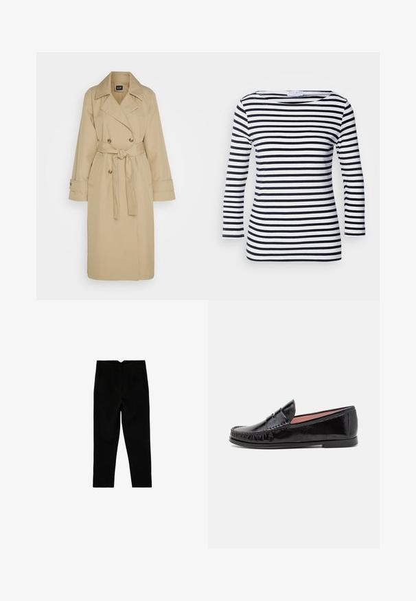 GAP ICON - Trenchcoat - khaki; Marineblå og hvide stribede langærmede top med en bred halsudskæring og blødt, strækbart stof. Har jævne vandrette striber hele vejen igennem.; Sorte skræddersyede ankelkorte bukser med sidelommer og let tilspidset ben, vist fladt på en hvid baggrund.; Sorte laklæder loafer-sko med rund tå, dekorativ syning på overdelen og en lav, flad gummisål.