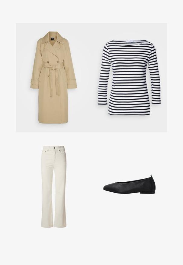 GAP ICON - Trenchcoat - khaki; Marineblauwe en witte gestreepte langemouwen top met een brede halslijn en een zachte, rekbare stof. Heeft gelijkmatig horizontale strepen over het geheel.; Witte flared jeans van denim. Heeft een hoge taille, vijf zakken en een metalen knoopsluiting. Glad oppervlak zonder zichtbare patronen.; Zwart ballerinaschoentje met puntige neus, gemaakt van glad leer, met een lage hak en een lus aan de achterkant voor makkelijk aan- en uittrekken.
